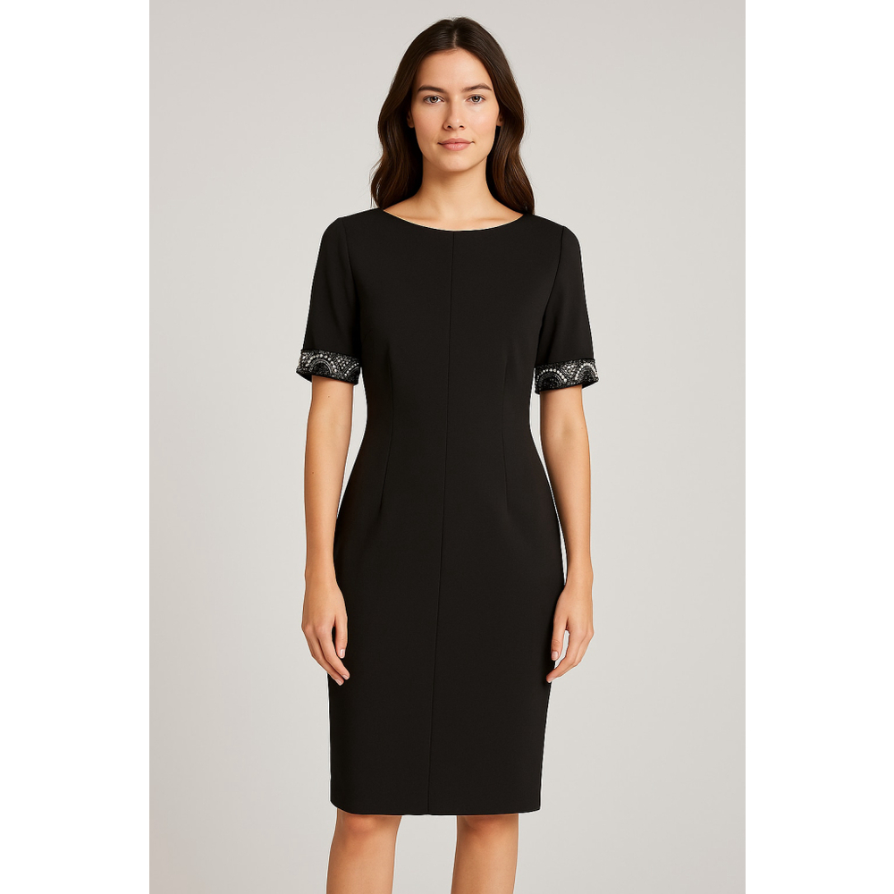 Aidan Mattox Black Sheath‎ Dress Sequins Embellished Cuffs Short Sleeve Size 12